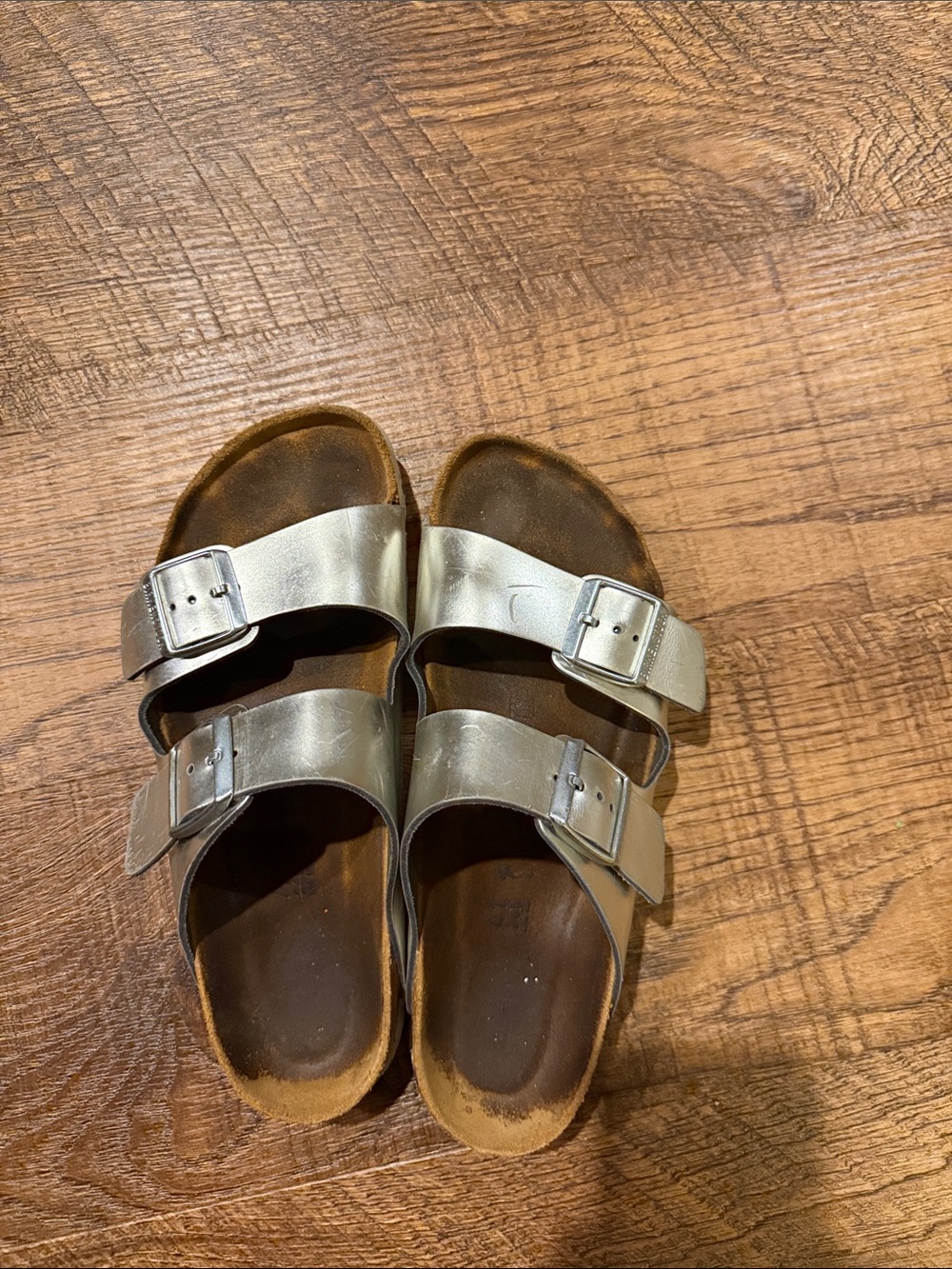 Metallic Birkenstock Silver Double-Buckle Slide Sandals